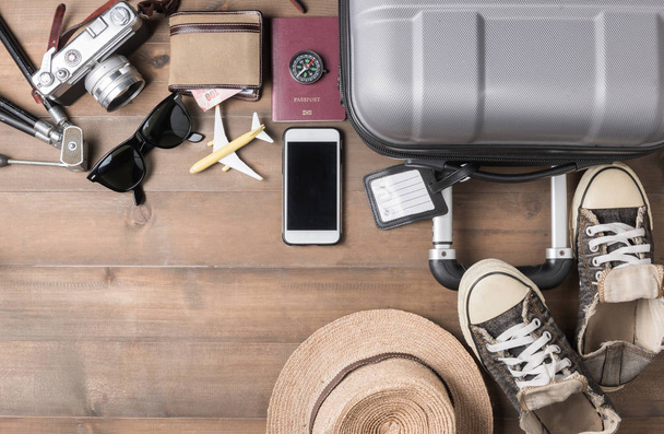 Travel accessories costumes. Passports, luggage, camera, sunglas - Photo, Image