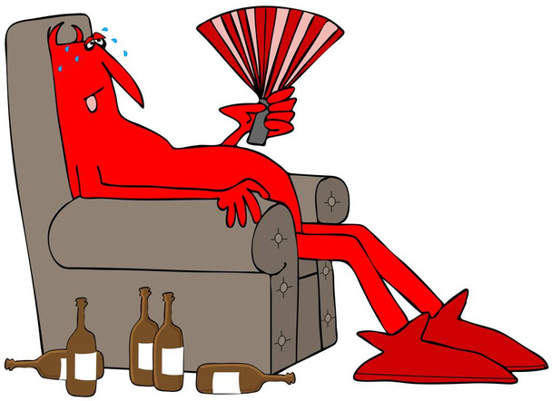 Izzadt, vörös ördög ül egy széken - Fotó, kép