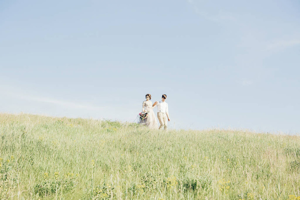 wedding couple on  nature.  bride and groom hugging at  wedding. - Foto, afbeelding