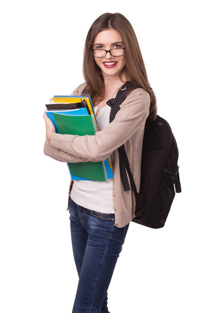 Młody student szczęśliwy z notebookami - Zdjęcie, obraz