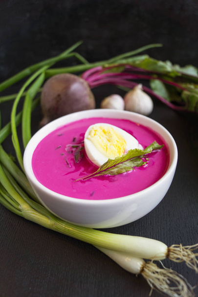 homemade rustic food. beetroot soup with green onions - Photo, Image