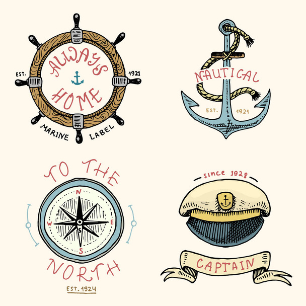 set of engraved vintage, hand drawn, old, labels or badges for anchor, steering wheel, captains cap, compass. Marine and nautical or sea, ocean emblems. always home. - Διάνυσμα, εικόνα