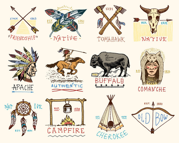 set of engraved vintage, hand drawn, old, labels or badges for indian or native american. buffalo, face with feathers, horse rider, apache or comanche, campfire and authentic. - Vector, Image