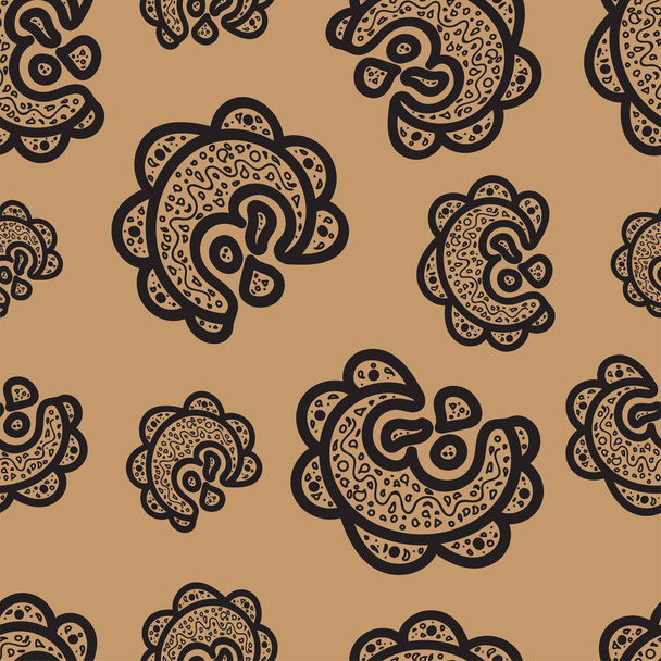 Seamless pattern.Black doodle elements on brown background. Ornaments for web, wrapping paper, print, card, fabric, textile design. Vector illustration.Bright texture.Abstract backdrop. Aztec style - Wektor, obraz