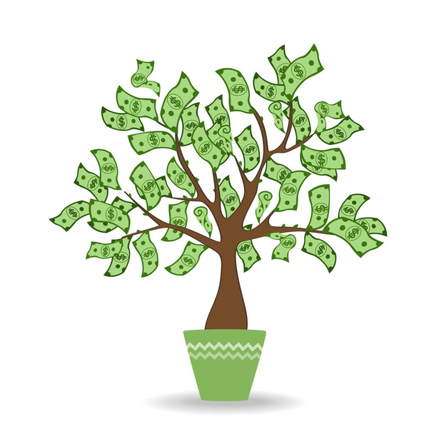 De boom van het geld in groene keramische pot. Groene contant geld bankbiljetten boom. Modern vlakke stijl concept vectorillustratie - Vector, afbeelding