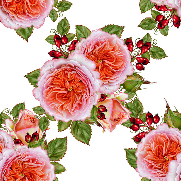 Floral seamless pattern. Branch of beautiful delicate pink roses. Green leaves, bright red berries. Gold texture. - Photo, Image