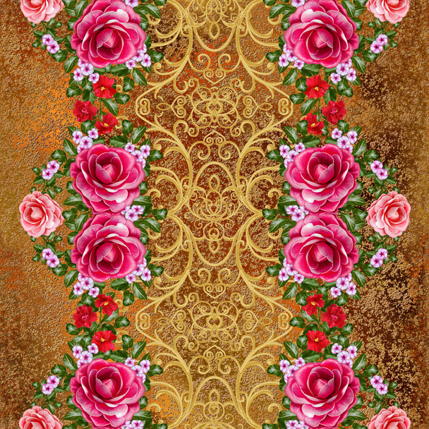 Garland, bouquet of delicate orange roses, bright red flowers. Seamless pattern. Golden textured curls. Oriental style arabesques. Brilliant lace. Openwork weaving delicate. - Foto, Imagem