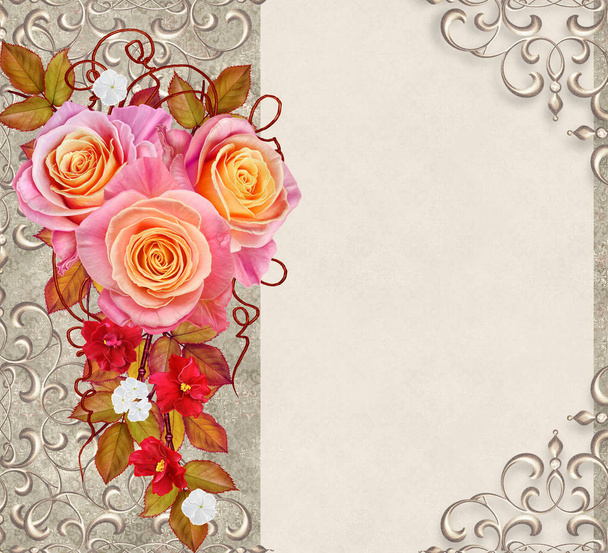 Floral background. Greeting vintage postcard, pastel tone, old style. Flower arrangement of delicate orange and yellow roses. - Foto, imagen