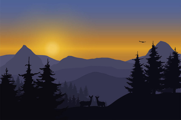 Ilustración vectorial de un paisaje montañoso con ciervos en un bosque bajo el cielo con el amanecer
 - Vector, Imagen