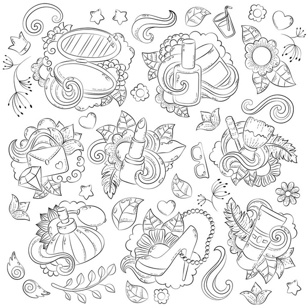 Doodle hand drawn vector abstract background, texture, pattern, wallpaper, backdrop. Collection of beauty salon, cosmetics, make-up elements. Anti-stress coloring book page for adults - Vector, imagen
