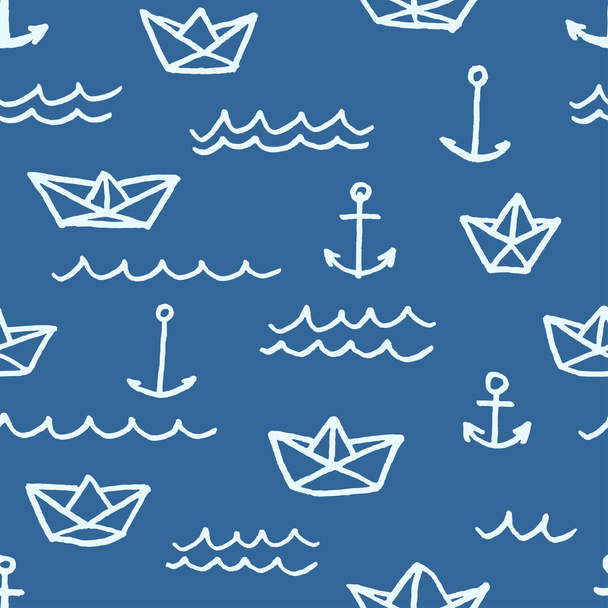 Vector seamless pattern with freehand drawn paper ships anchors and waves - Vector, Image