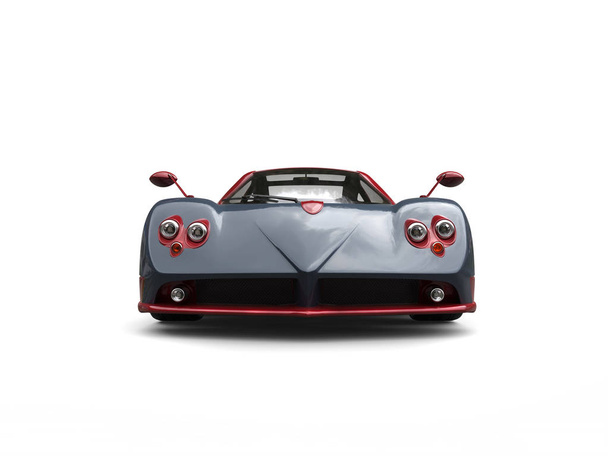 Azul metálico increíble coche de carreras con impresionantes detalles rojos cereza - vista frontal
 - Foto, Imagen