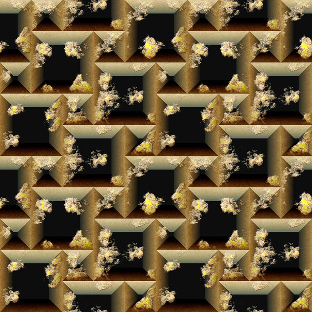 nahtloses Relief 3D-Mosaik aus zerkratzten schwarzen und goldenen Würfeln und pyramidenförmigen Formen. - Foto, Bild