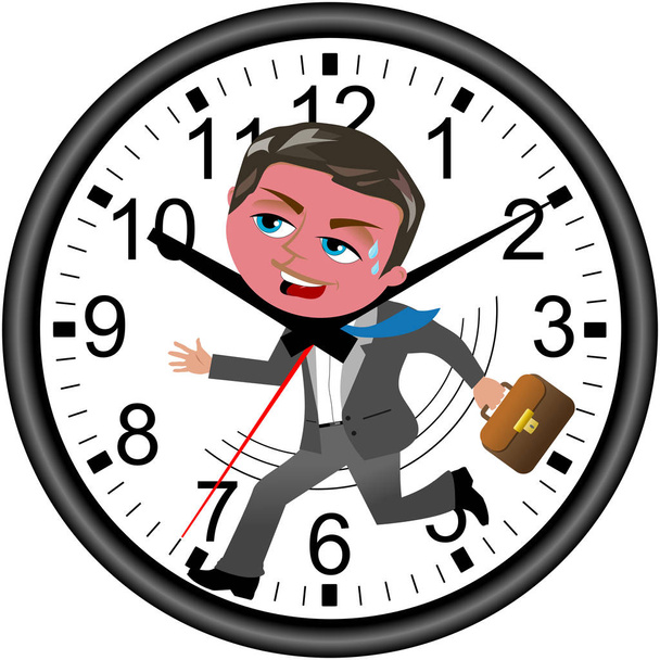 Red faced businessman running against time in a wall clock isola - Vector, Image