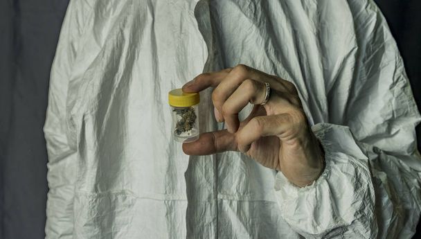 Медична марихуана в прозорій пластиковій коробці в руках
 - Фото, зображення