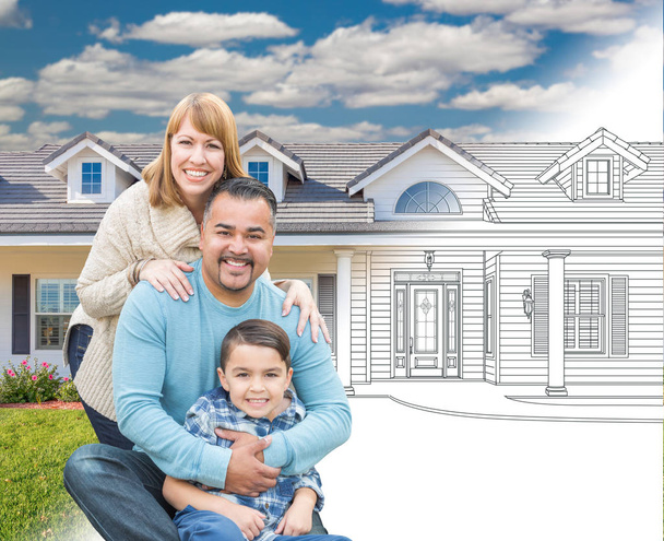 Mixed Race Hispanic and Caucasian Family In Front of Gradation of House Drawing and Photograph - Photo, Image