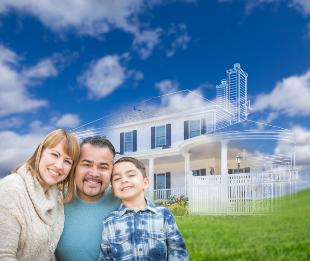 Mixed Race Hispanic and Caucasian Family In Front of Ghosted House Drawing on Grass - Photo, Image
