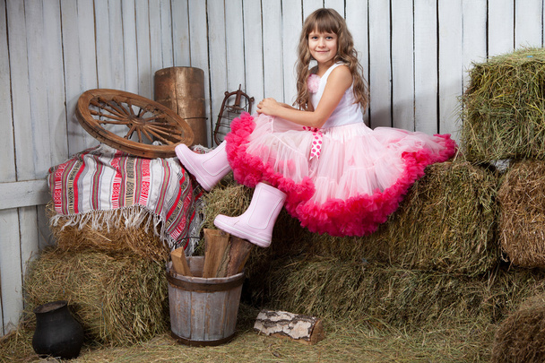 Retrato de menina engraçada perto de balde com maçãs no palheiro
 - Foto, Imagem