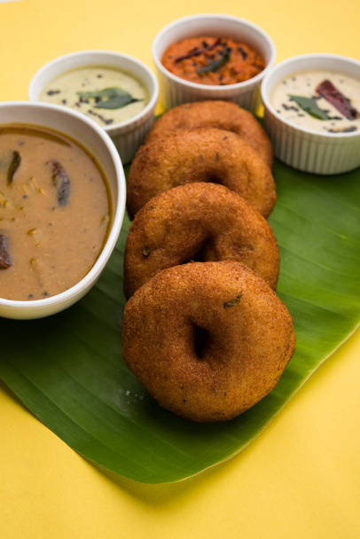 comida del sur de la India llamada vada sambar o sambar vada o wada, servido con coco, chutney verde y rojo y café caliente al estilo del sur de la India, enfoque selectivo
 - Foto, imagen