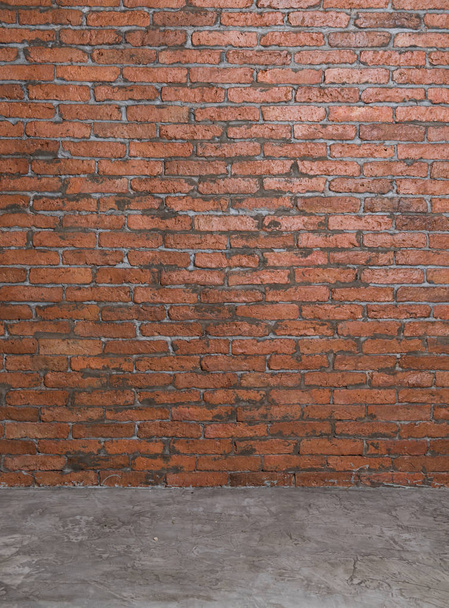 Old red brick wall and cement floor room interior background - Photo, Image