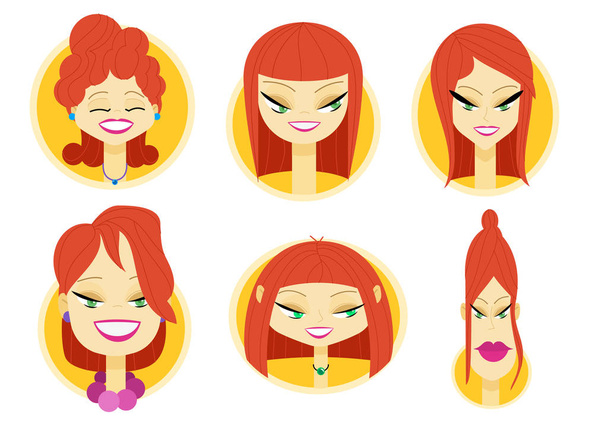 Aantal heldere geïllustreerde avatars, vrouwelijke gezichten - Vector, afbeelding