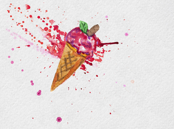 Літня ілюстрація морозива на червоному акварельному бризку
  - Фото, зображення