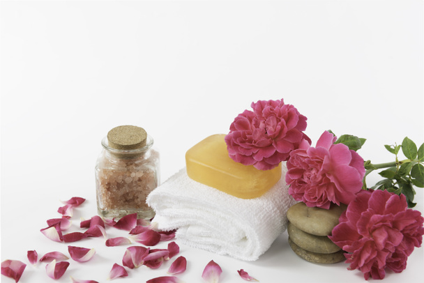 Spa concept with luffa soap,salt,zen stone and beautiful rose fl - Photo, Image