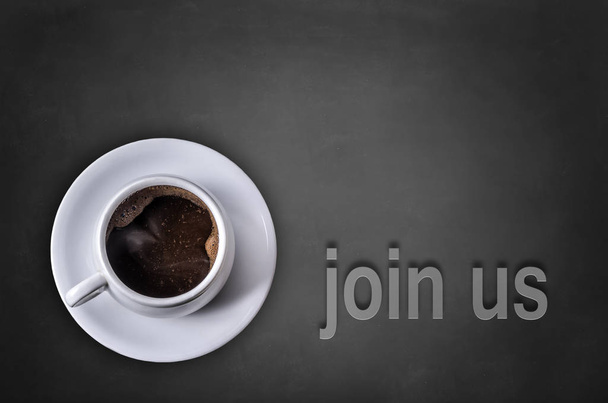 Join us word on blackboard with coffee cup - Photo, Image