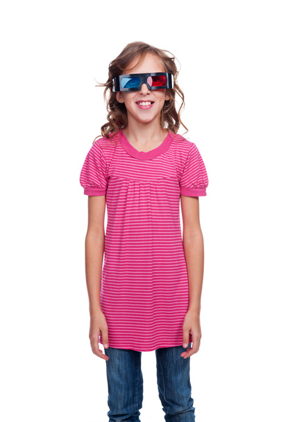 ten year girl in stereo glasses - 写真・画像