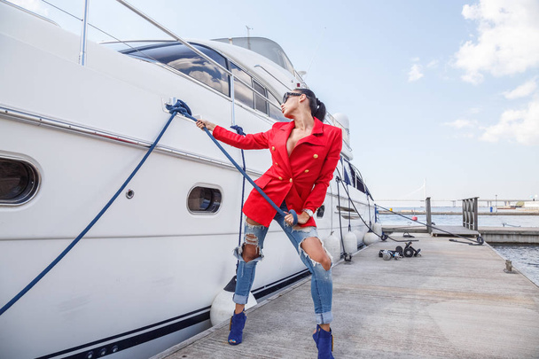  young woman posing near yacht   - Photo, Image