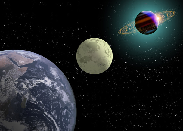 Ziemia, księżyc i saturn z nowe słońce - Wektor, obraz