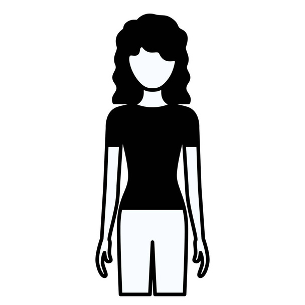 パンツと巻き毛の顔の見えない全身女性の黒いシルエット太い輪郭 - ベクター画像