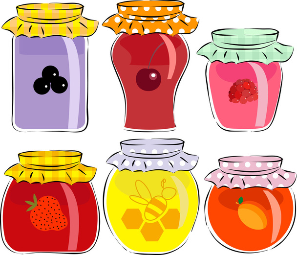 sklenice marmelády a medu izolovaných na bílém pozadí - Vektor, obrázek