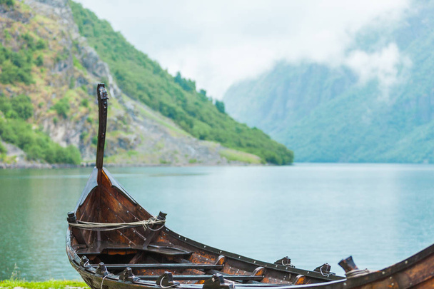 Old wooden viking boat in norwegian nature - Photo, image