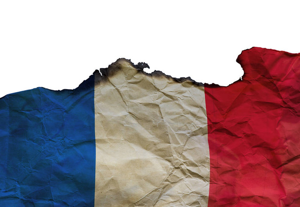 The Scorched French flag on white background, concept picture about terrorism in the world and in France - 写真・画像