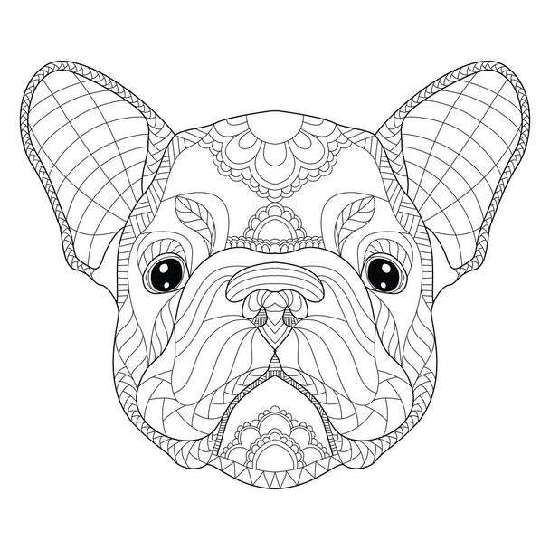 Bulldog francés cabeza de cachorro zentangle estilizado, vector, ilustración, lápiz a mano alzada, patrón. Arte zen. Ilustración en blanco y negro sobre fondo blanco. Libro para colorear adulto anti-estrés
. - Vector, imagen