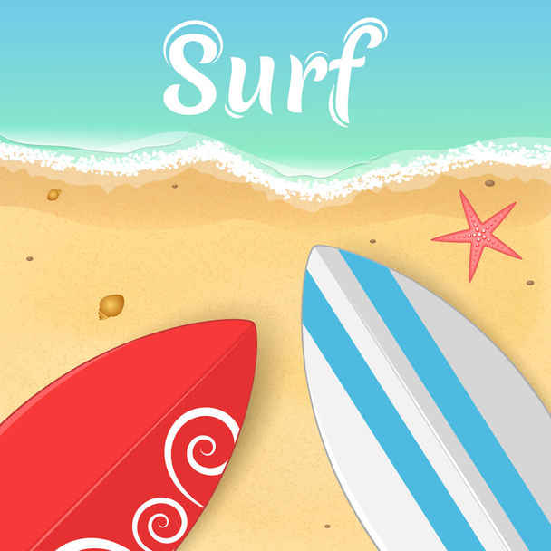 Surfboards and a starfish on the ocean. Opening of the summer season. Relax on the beach. Vector illustration - Διάνυσμα, εικόνα