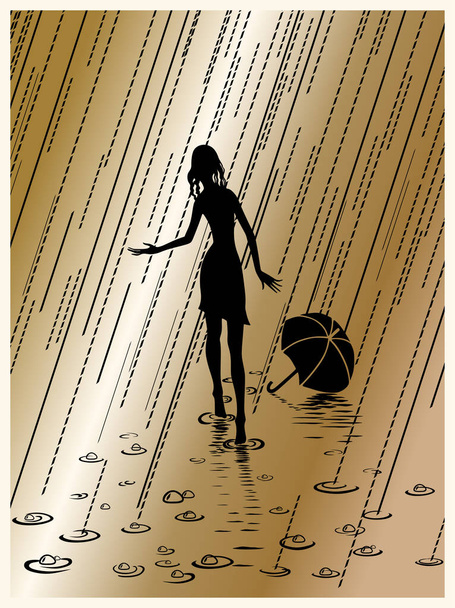 Barefoot girl under the summer golden rain - Vector, Image
