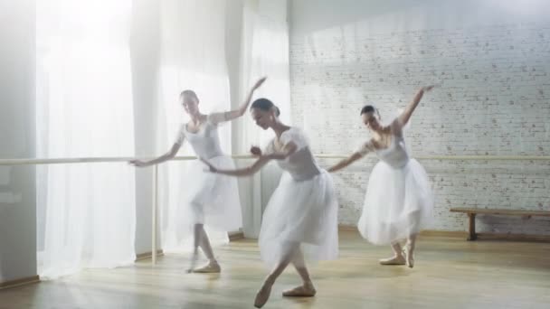 Three Young and Gorgeous Ballerinas Synchronously Dancing. They Wear White Tutu Dresses. Shot on a Sunny Morning in a Bright and Spacious Studio.  - Footage, Video