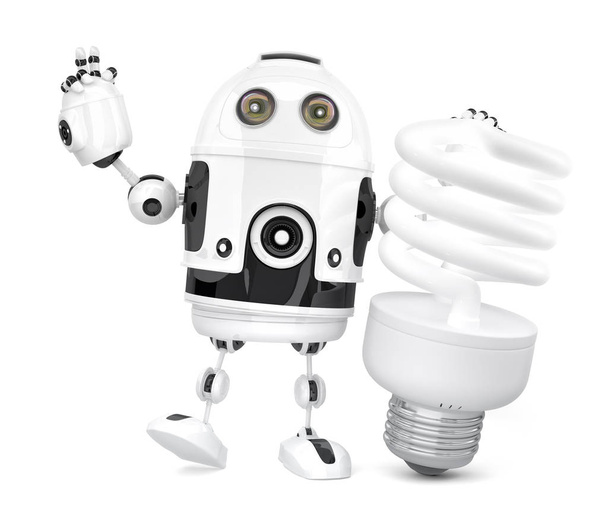 Robot with fluorescent light bulb. 3D illustration. Isolated. Co - Zdjęcie, obraz