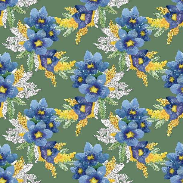 blue and yellow flowers and birds  - Фото, зображення