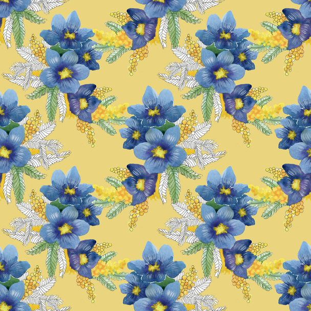 blue and yellow flowers and birds  - Valokuva, kuva