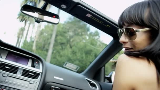 brunette travelling in luxury car - Felvétel, videó