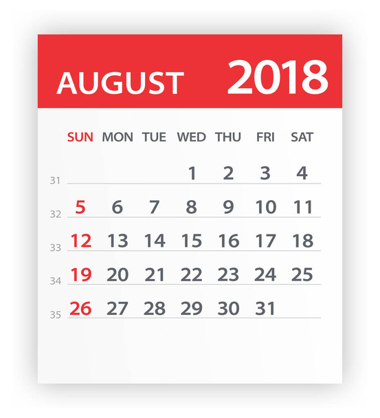 august 2018 kalender rotes blatt - illustration - Vektor, Bild