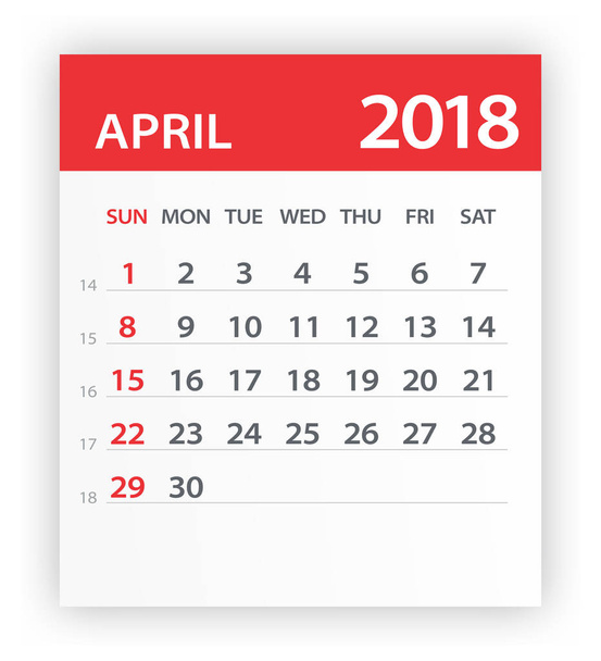 Απρίλιο του 2018 ημερολόγιο κόκκινο φύλλο - εικονογράφηση - Διάνυσμα, εικόνα