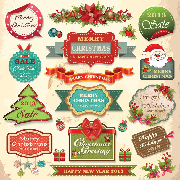 Збірка різдвяних прикрас та декоративних елементів, вінтажні рамки, етикетки, наклейки та стрічки
 - Вектор, зображення