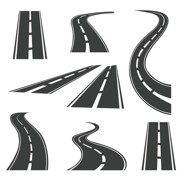 Векторні піктограми доріг. Магістралі та дорожні знаки руху для подорожей та карт подорожей ізольовані на білому тлі. Шлях доріг пряма і вигнута ілюстрація
 - Вектор, зображення
