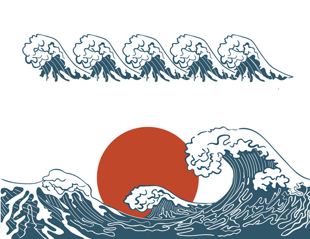 Asijské ilustrace mořských vln a slunce. Izolované na bílém pozadí. - Vektor, obrázek