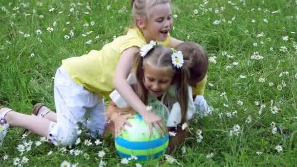 Dzieci gry w piłkę, leżał na trawie, wśród stokrotek, zabrać z sobą piłkę. Będą się bawić. Lato, na zewnątrz, w lesie. Wakacje z dziećmi - Materiał filmowy, wideo