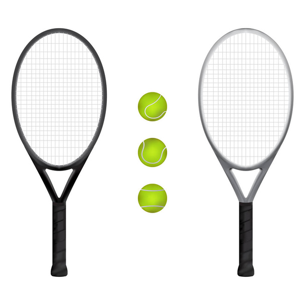 Geïsoleerd aluminium grijze en zwarte tennisracket en tennisbal met witte achtergrond. vector. illustratie. grafisch ontwerp.  - Vector, afbeelding